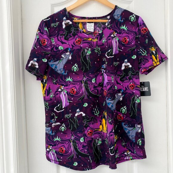 Disney - Villains - Purple & Black Women's V-Neck Print Scrub Top - Picture 1 of 5